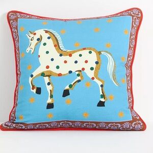 New Anthropologie x Printed Goods Cotton Pillow Horse 18”x18” Blue